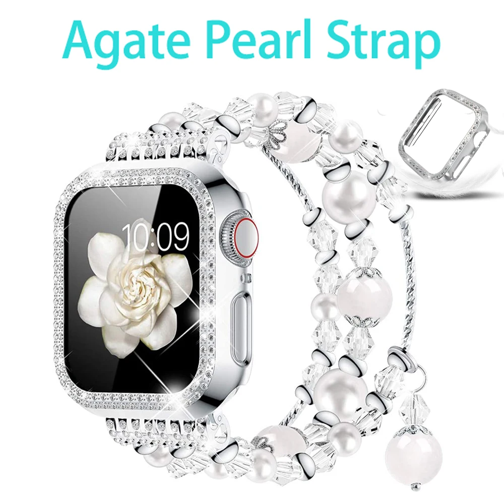 Link Bracelet Strap for Apple Watch Series 6 5 4 SE 3 Band 38mm 42mm Elastic Strap for Iwatch 44mm 40mm Women Agate Pearl Bands