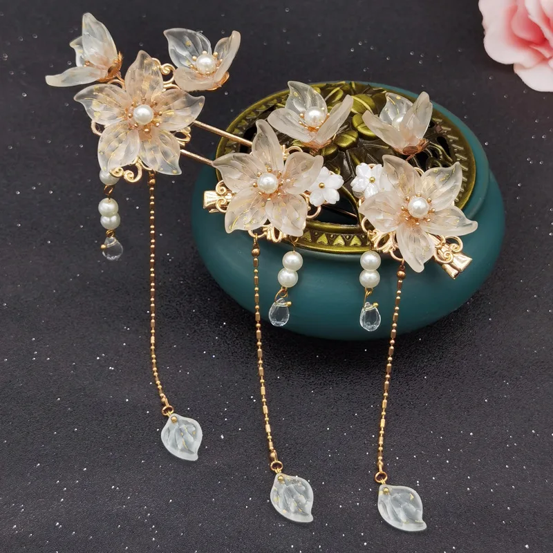 

Hanfu Headdress Hairpin Antique Flower Hair Stick Fairy Palace Retro Tassel Hair Clips Sweet Hair Accessories For Women Tiaras