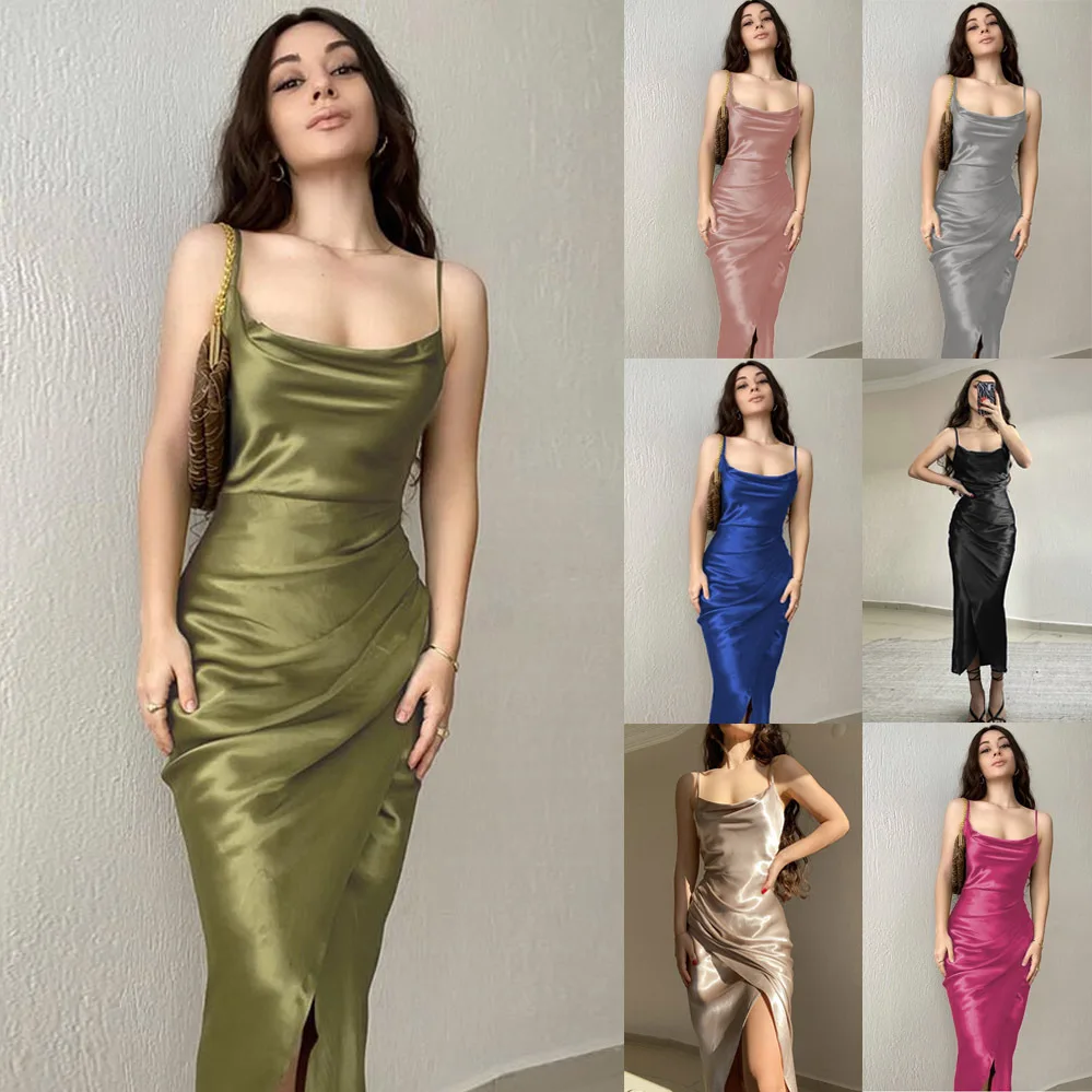 

2022 European and American Hot Girl Style Sexy Low-cut Satin Slit Suspender Dress New Slim Backless Dress