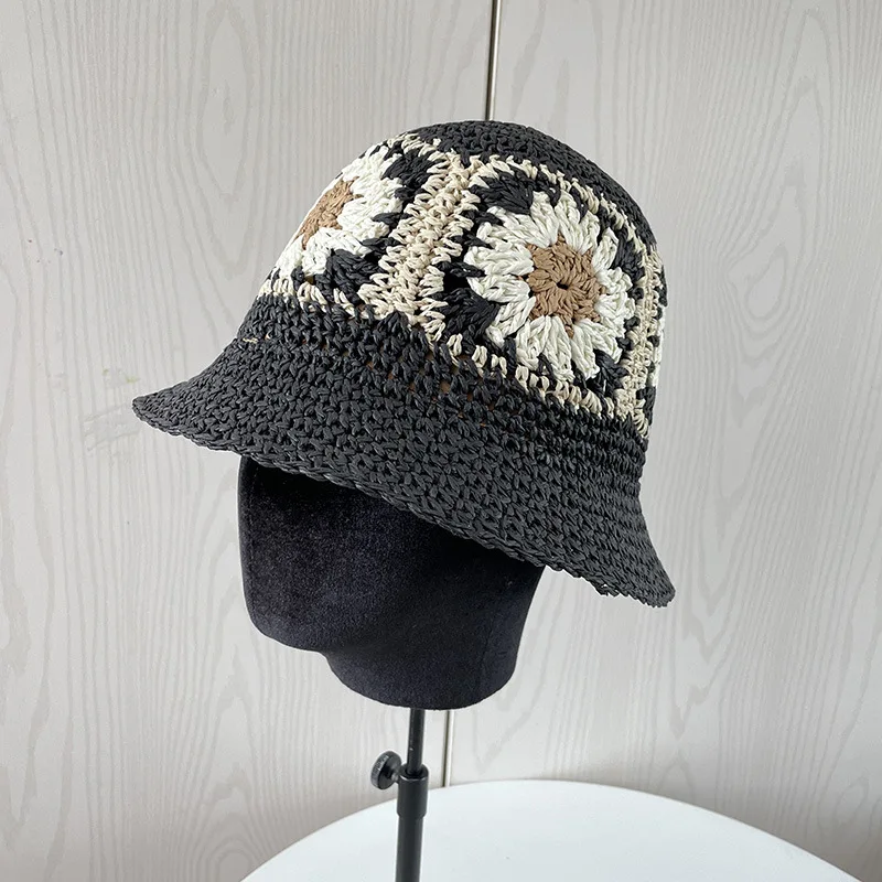 

Women Crochet Bucket hat Handmade Floral Straw Sun Hat BOHO Beach Bohimia Bucket Hat Cap