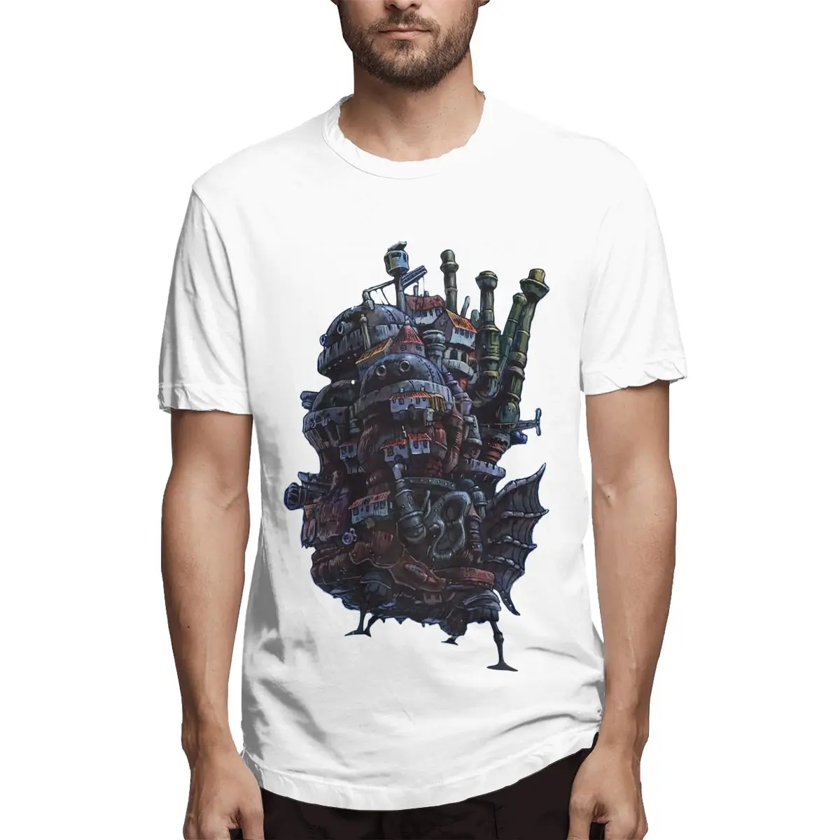 

Novelty Cool Miyazaki Hayao Howls Moving Castle Black Anime Manga Men's Unique Short Sleeve Round Neck Pure Cotton 4XL T-Shirt