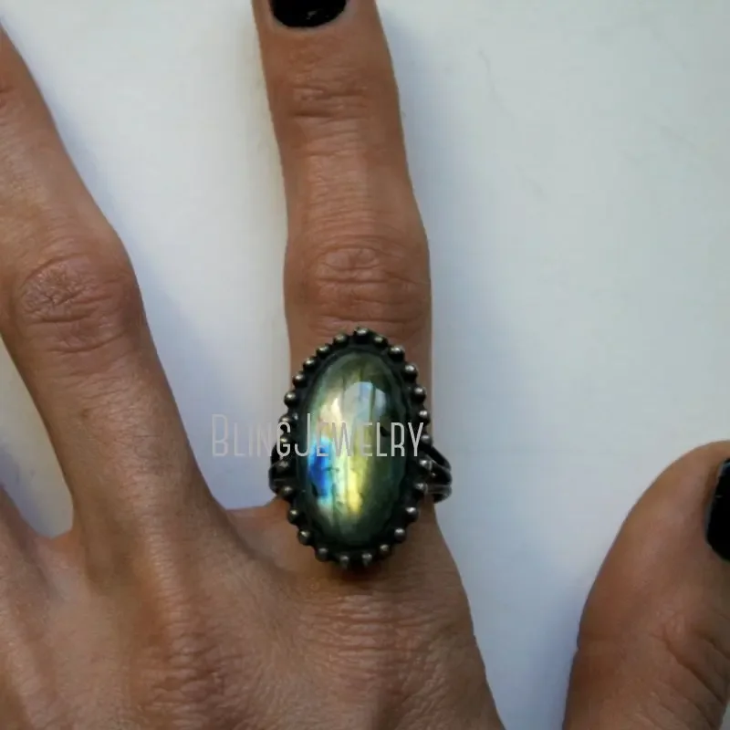 Женское коктейльное кольцо из нержавеющей стали с радужным лабрадоритом и