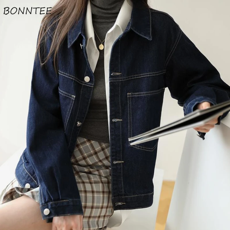 

Denim Basic Jackets Women Retro Outerwear Coats Ulzzang Schoolgirls Popular Spring Autumn Comfortable Solid Streetwear Leisure