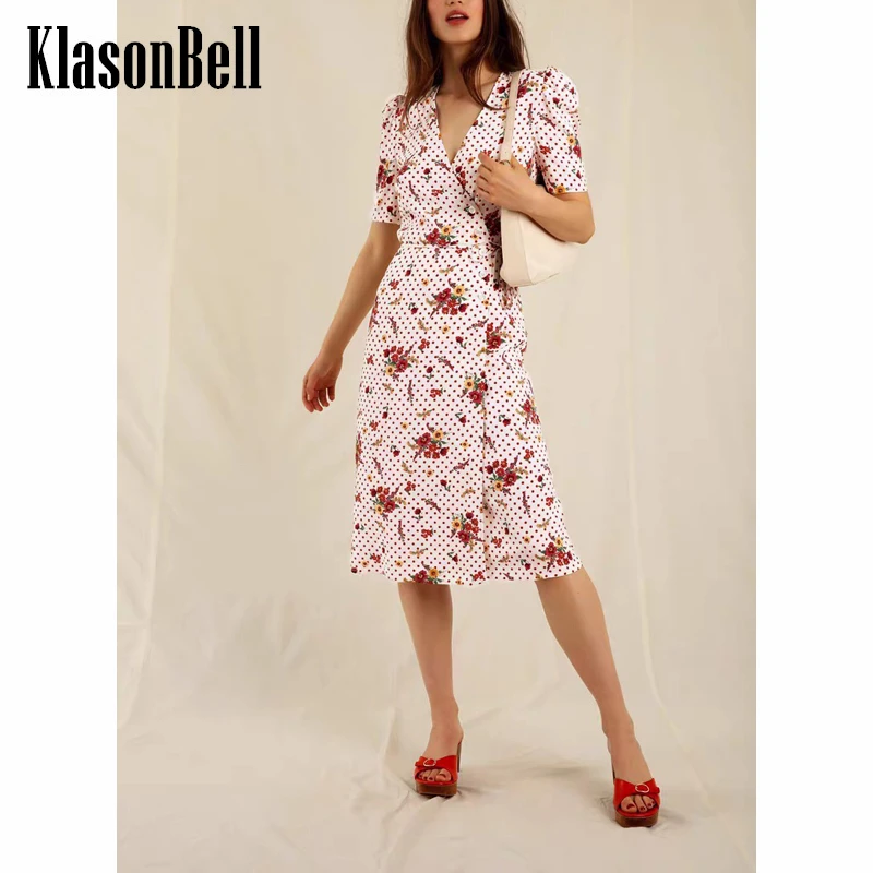

5.18 KlasonBell Holiday Temperament Polka Dot Floral Print V-Neck Puff Sleeve Collect Waist Split Midi Dress Women