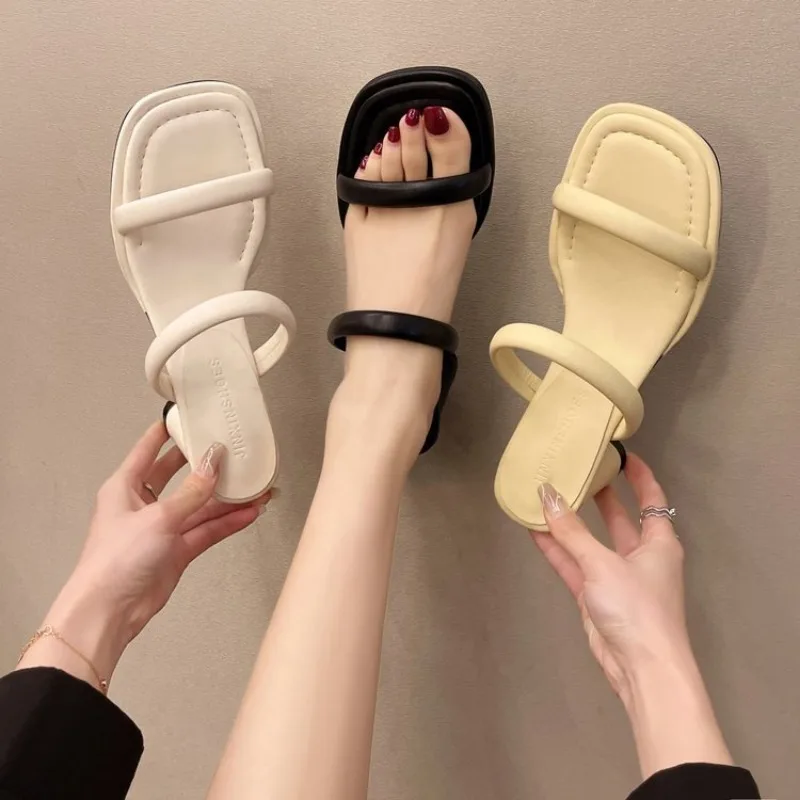 

Women's Summer One Word with Square Heels High Heels Lazy People Square Toe Open-toe Outside Wearing Beach Half Drag Sandals