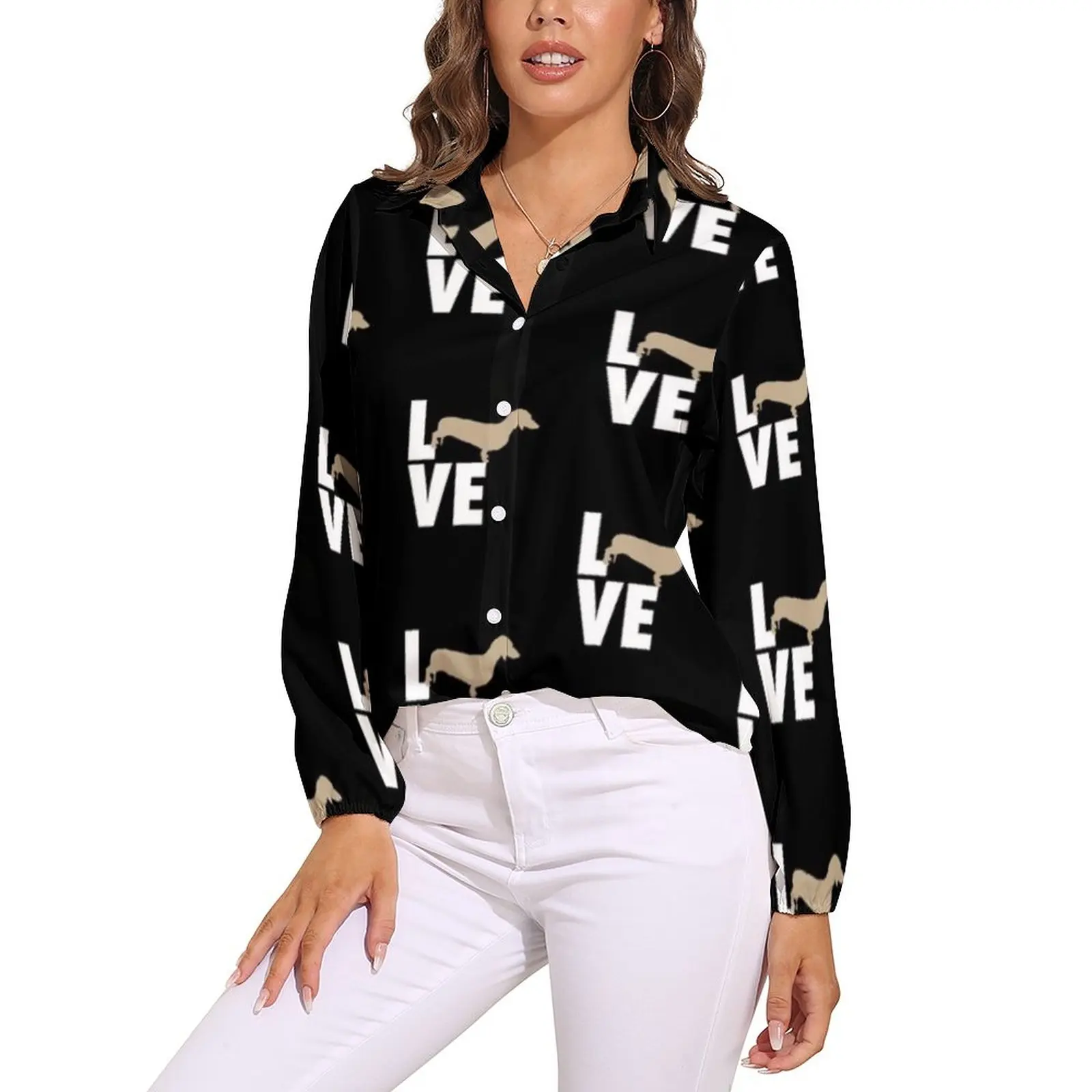 

Dachshund Blouse Love V Neck Custom Autumn Girl Shirt Unique Top Shirts