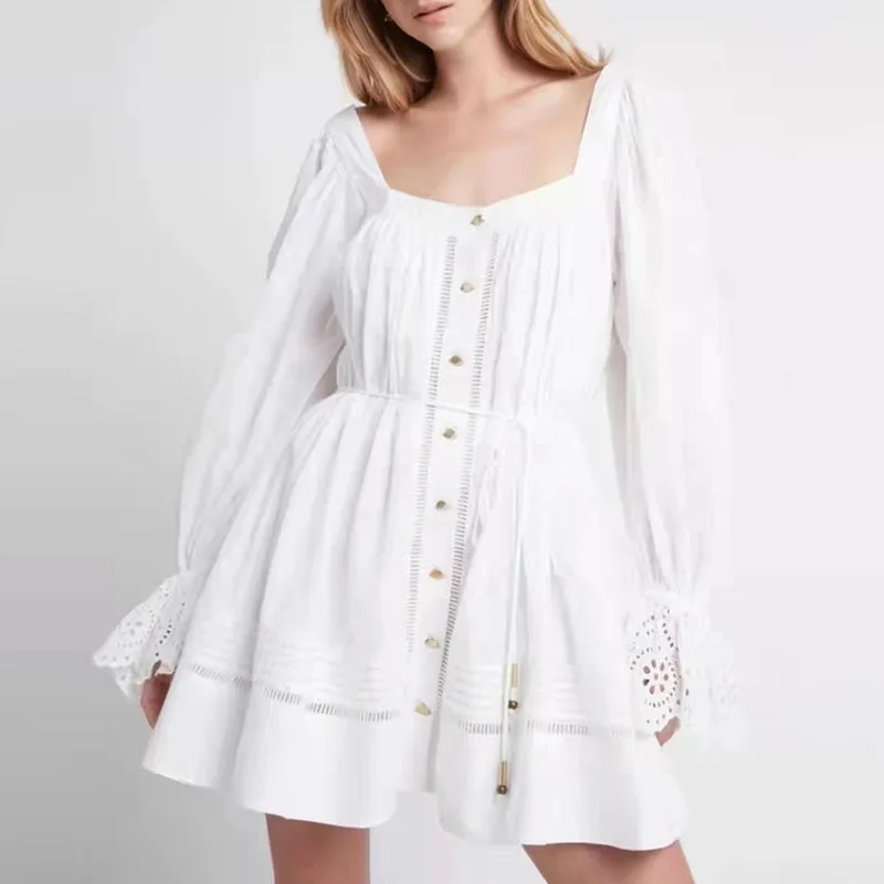 

Women White or Black Square Collar Short Dress Hollow Out Stitching Flared Sleeve Single Breasted Ladies Mini Dress with Sashes