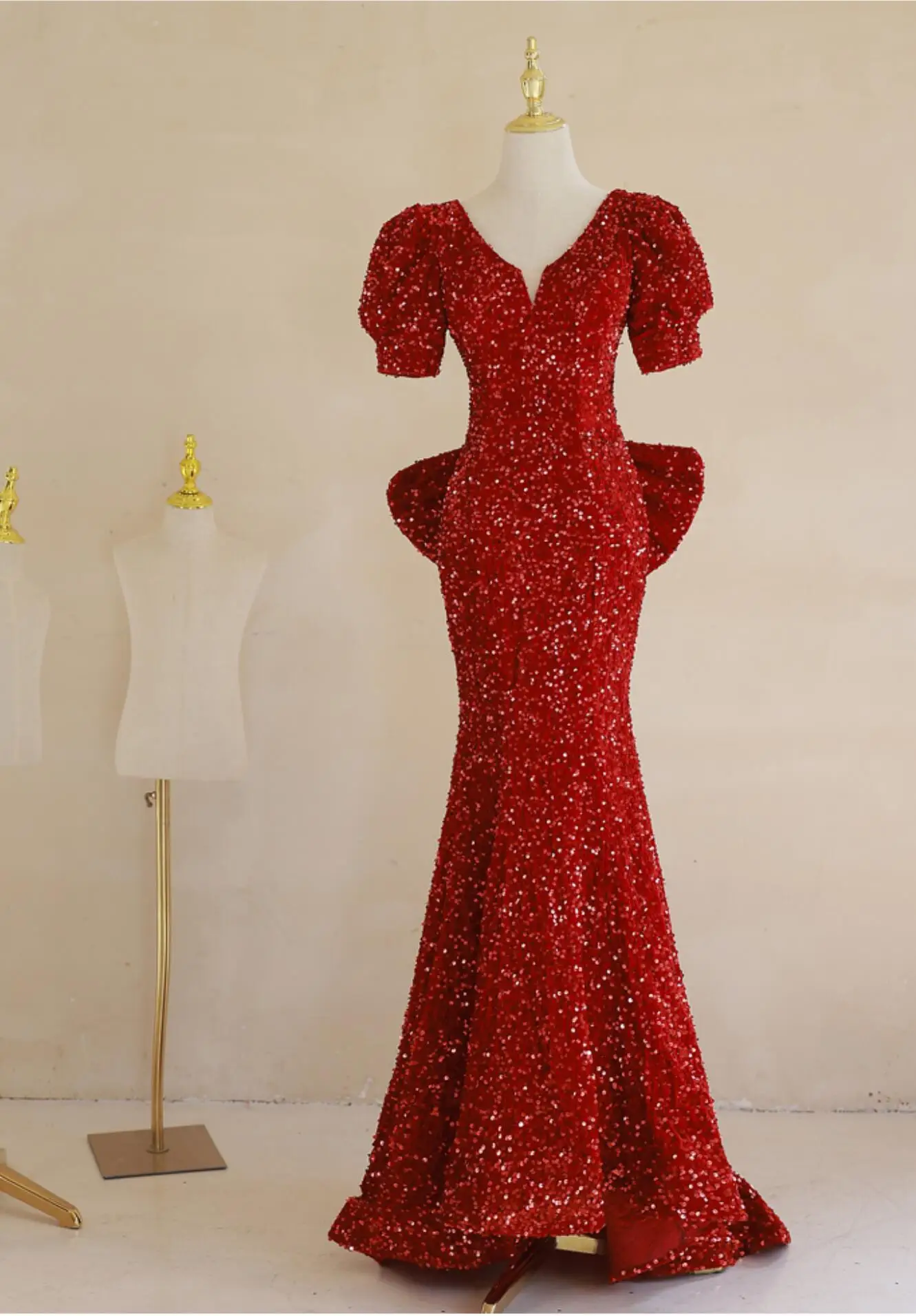 

Элегантное красное блестящее официальное платье с V-образным вырезом и пышными рукавами, облегающее платье с юбкой-годе, великолепные летние платья невесты с большим бантом