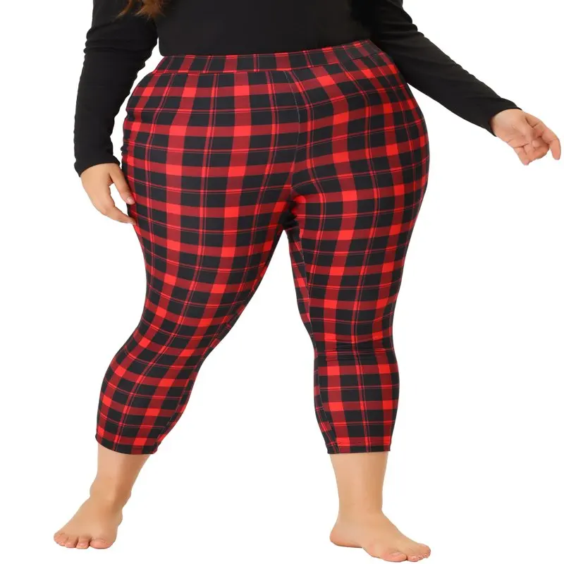 

HMCN Women`s Plus Size Capri Elastic Waist Plaid Skinny Loungewear