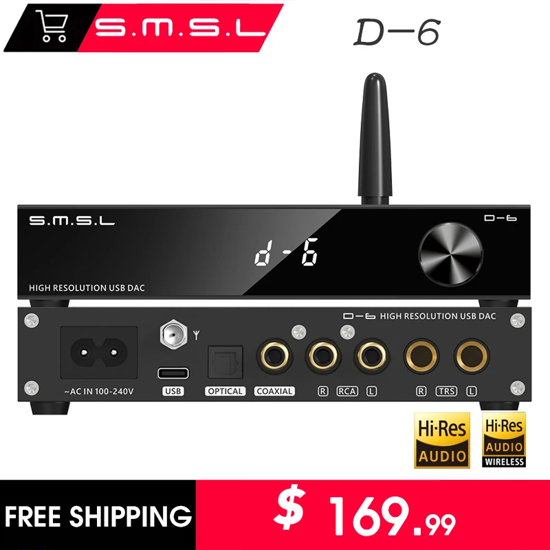 

SMSL D-6 Decoder Dual Ak4493s Suport DSD512 PCM 768kHz/32Bit D6 DAC Bluetooth 5.1 SBC/AAC/APTX/APTX HD/LDAC With Remote Control