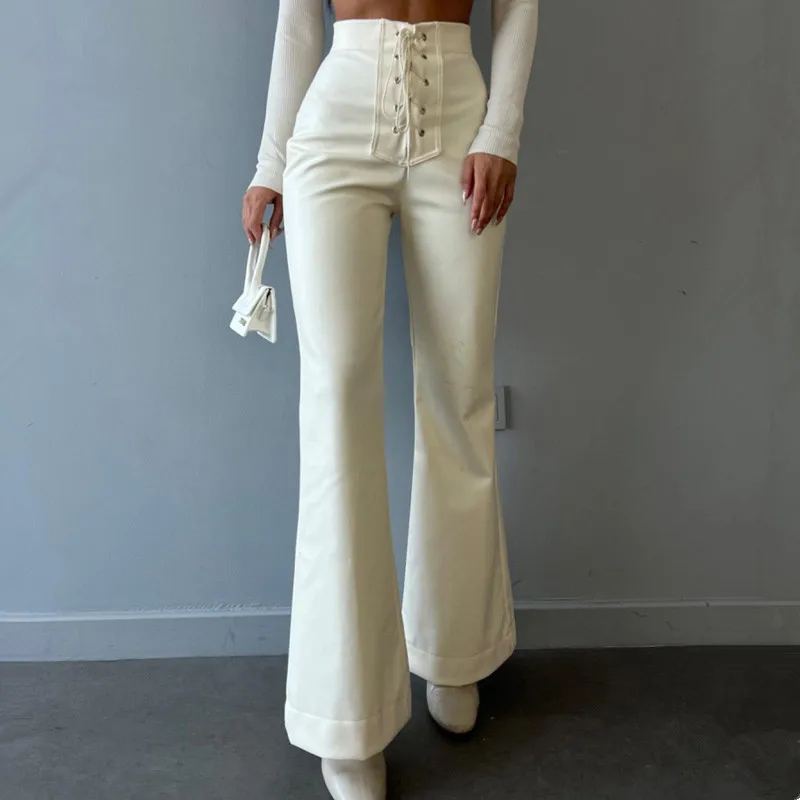 

2023 Autumn Winter Faux Leather Flare Pants High Street Ladies Harajuku Aesthetic Lace Up Pants Female PU Pant Trousers