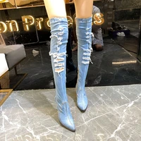 denim blue high heel thigh boots cowboy frazzle cut out pointed toe over knee boots women gladaitor slip on jeans boots