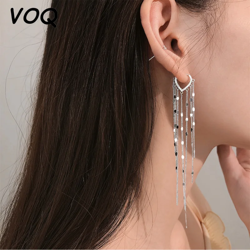 

VOQ Silver Color Hand-made Long Chain Tassel Love Heart Hoop Earrings Ear Buckle Women's Party Jewelry