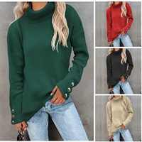 2022 autumn and winter new striped turtleneck sweater cuff buttons fashion solid color sweater