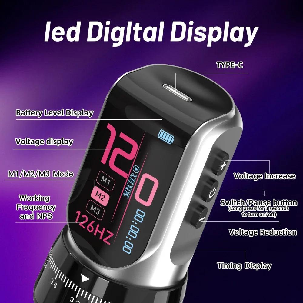 Фото Набор DQFART T9Pro с цветным светодиодным цифровым дисплеем, беспроводная электрическая машинка для татуировок, для тату-мастеров, для креативного боди-арта, TYPE-C. №4