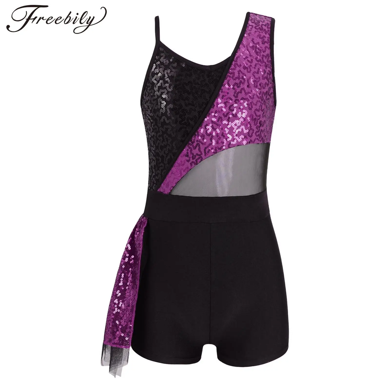 

Kids Girls Sparkling Sequins Mesh Patchwork Ruffle Hem Ballet Dance Gymnastics Leotard Stage Modern Jazz Latin Dancing Costumes