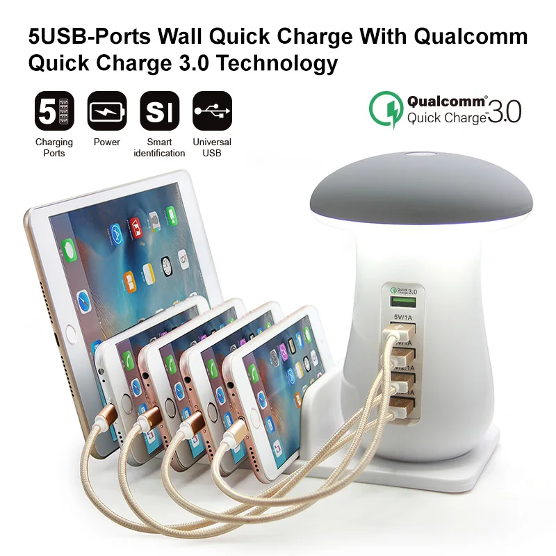 

Multi Port USB Quick Charge QC3.0 Fast Charger Station for Iphone Ipad USB Charging Dock Mushroom Led Lamp 5V 2.1A EU US