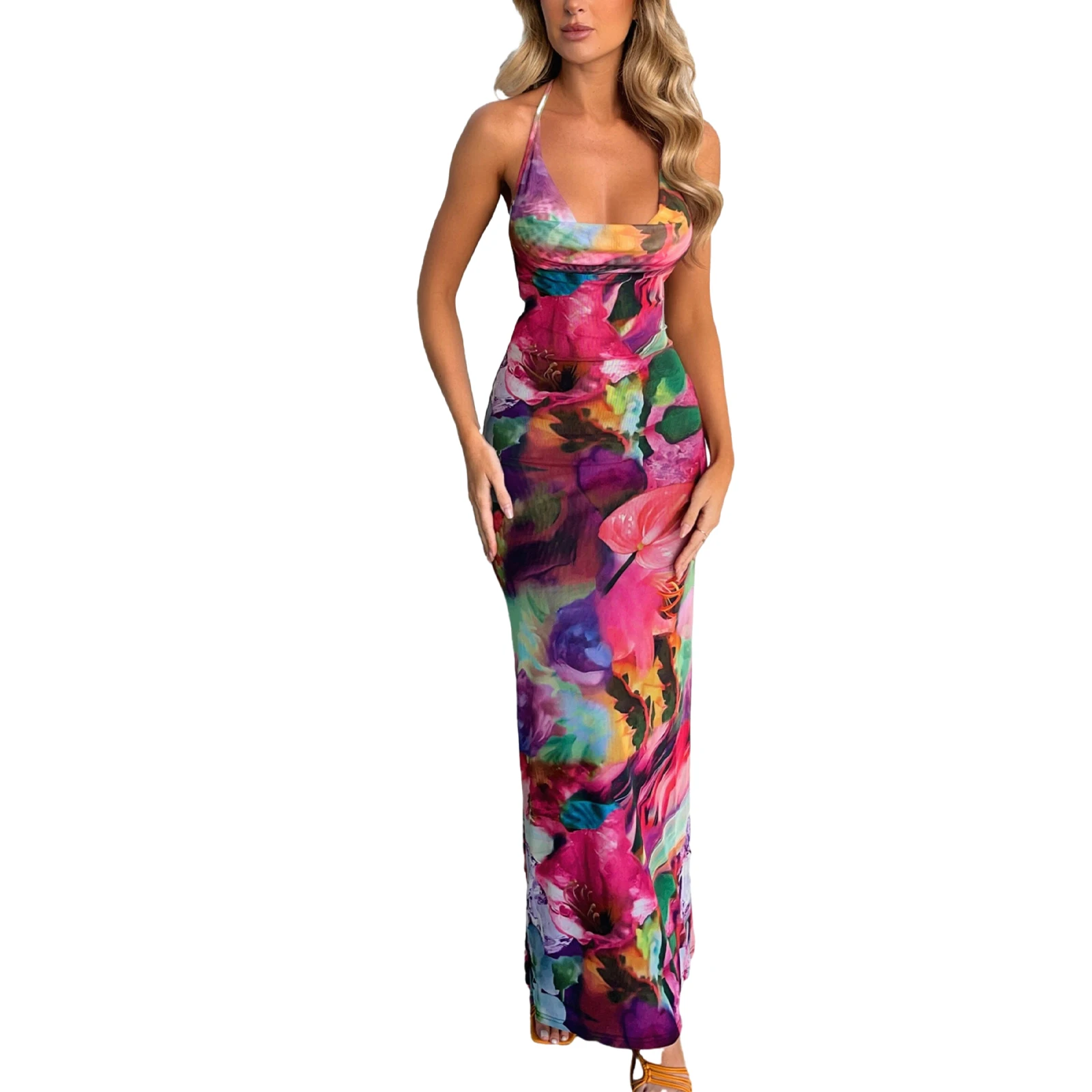 

Summer Women's Sexy Halterneck Bodycon Long Dress Tie-Dye Printing Cowl-Neck Backless Beach Sexy Slim Party Dress