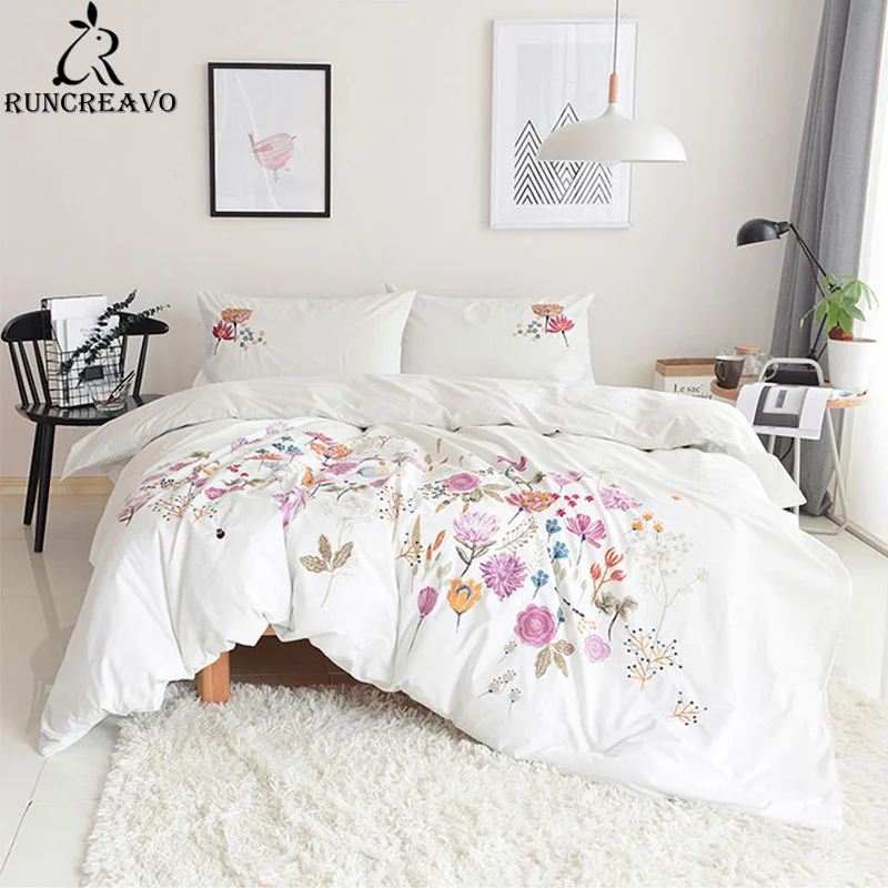 

King Size Duvet Cover White 100% Cotton Bed Set Embroidery Printed Bedding Sets Skin Friendly Duvet Cover Set Pillowcase 3pcs