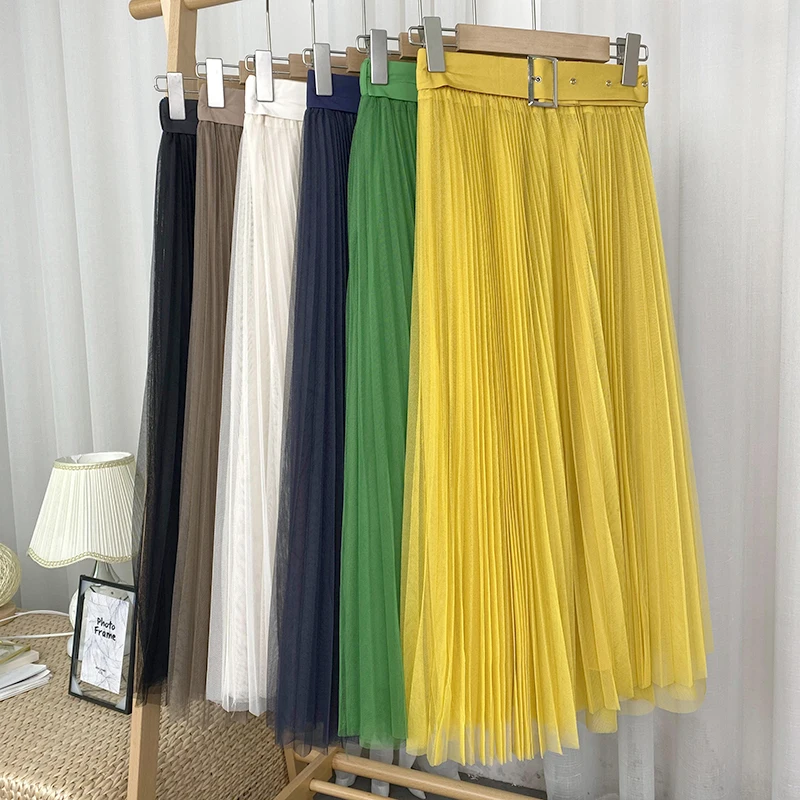 

Belted Mesh Skirts High Waist Elastic Jupe Ball Gown Pleated Mujer Faldas New Autumn Long Skirt Casual Women Clothe Dropshipping