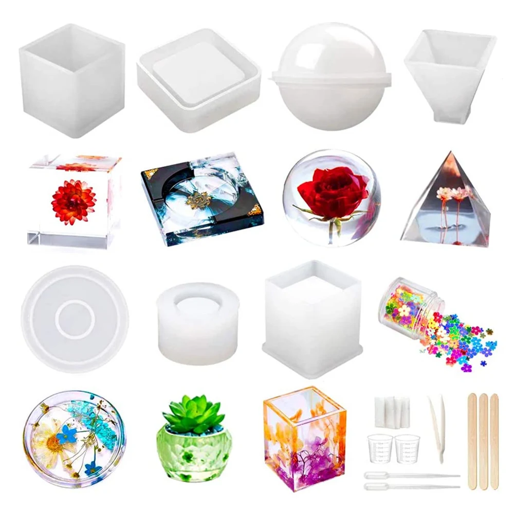 

Resin Molds Silicone Kit DIY Epoxy Resin Casting Tools Used for Create Art DIY Ashtrays Coasters Candles Decorative Complete Set