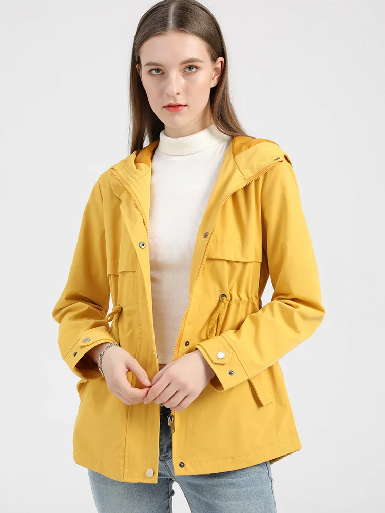 

New Autumn Women Hooded Slim Fit Trench Coat Casual Female Adjust Waist Waterproof Solid Color Windbreaker Outwear