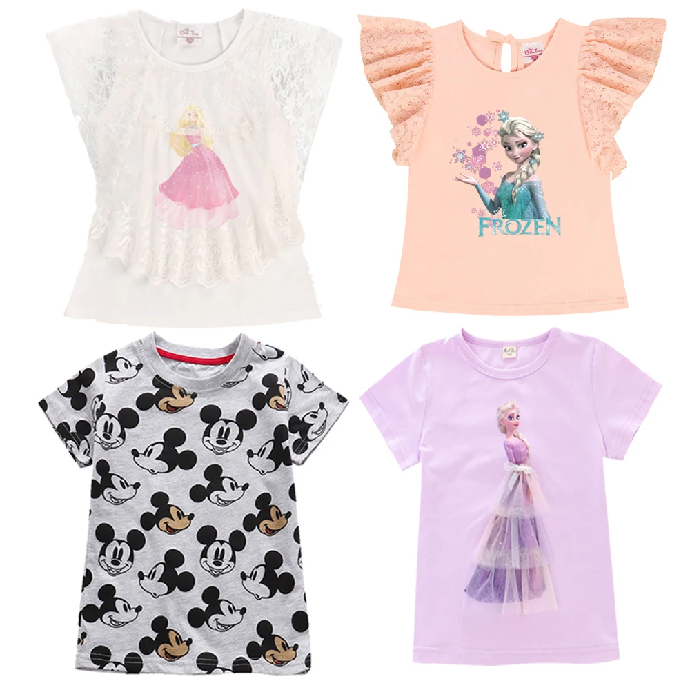 Купи Cotton Children Lace Tees Cartoon pattern Design Cute Mickey Princess Elsa Costume Short T-shirt Summer Top For 1 2 3 4 5 6 7 8T за 344 рублей в магазине AliExpress