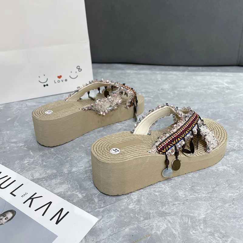 2023 Summer Straw Women's Flat Slippers Boho Ethnic Style Flat Sandals Casual Outdoor Non-Slip Flip-Flops Casual Beach 35-40