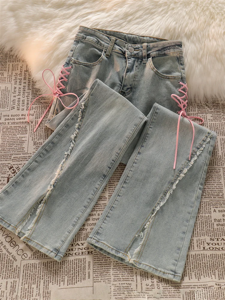 Прямые женские брюки с бантом и разрезом новинка 2024 дизайнерские облегающие