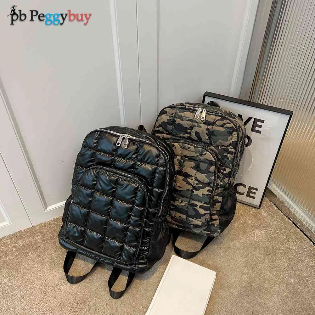 

Women Autumn Winter Casual Backpacks Down Lattice Pattern Waterproof Backpack Female Fashion Space Cotton Solid Color School Bag