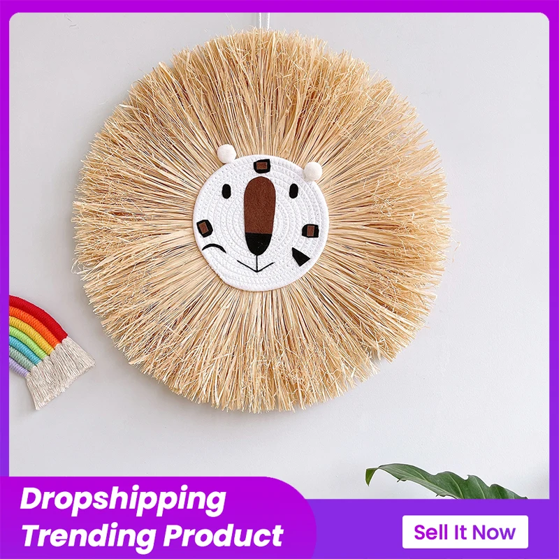 

Home Decoration Tapestry Handwoven Cartoon Lion Hanging Decorations Cute Animal Head Ornament Children Room Lion Wall Hanging
