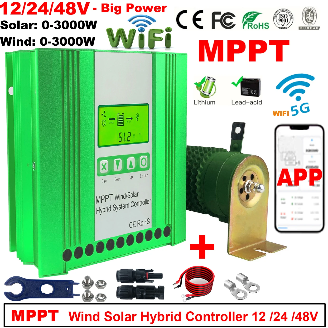 

MPPT солнечный гибридный контроллер заряда, ветер 3000 Вт и Солнечный 3000 Вт 12/24 В/48 В, автоматический гибридный контроллер с резистором нагрузки при разгрузке