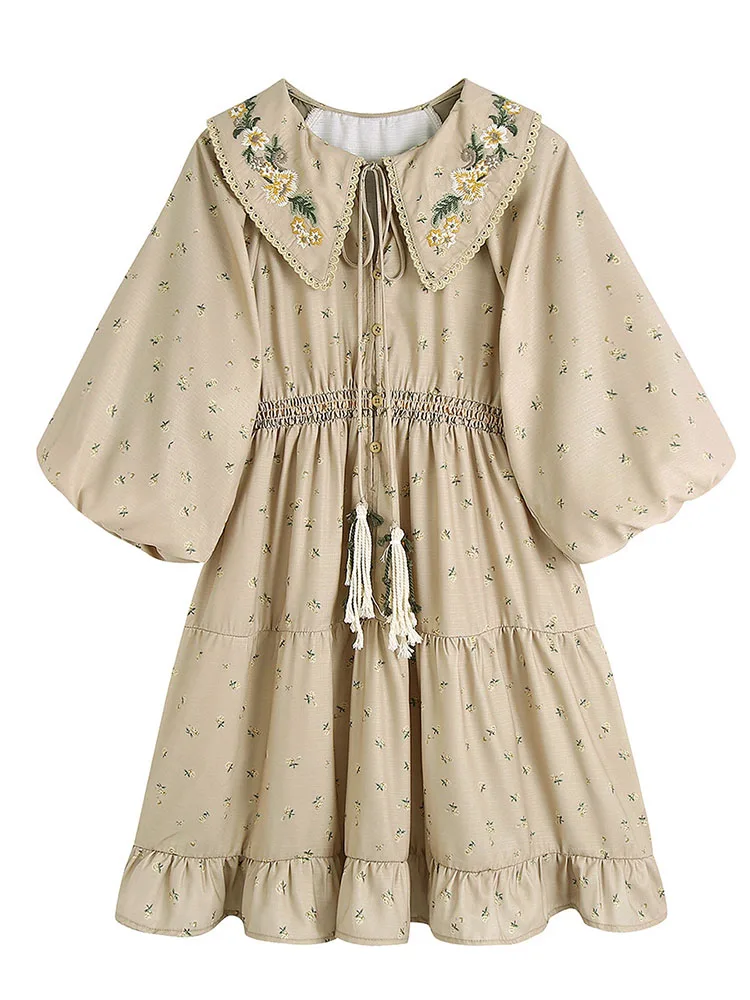 

Summer Embroidery Doll Collar Dress for Women New Bandage Floral Long Sleeve Women's Mini Robes Casual Solid Chic Lady Vestidos