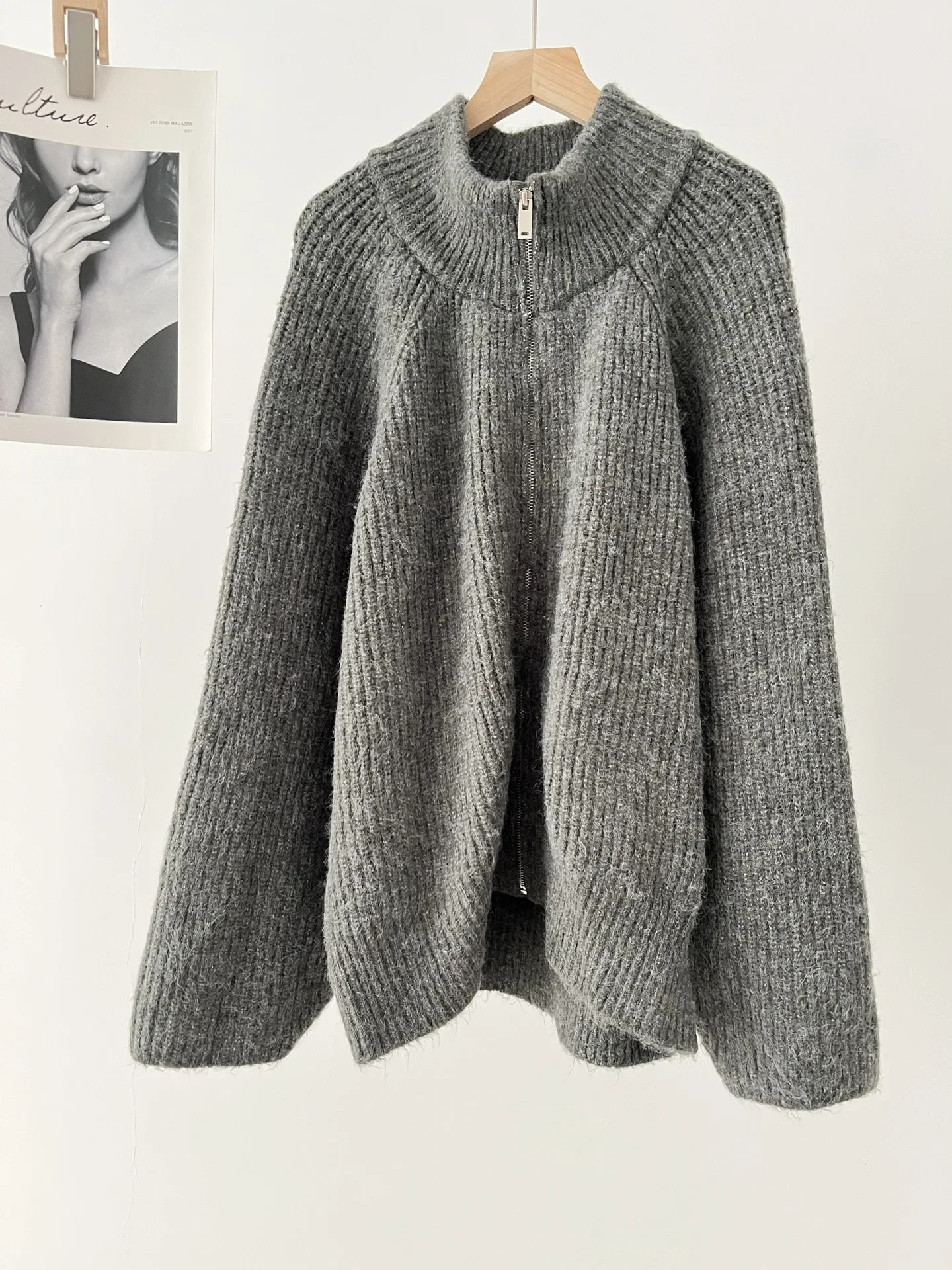Женский вязаный серый кардиган на молнии свитер куртка с круглым вырезом