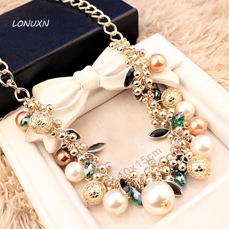 

Created Colorful Girls Simulated Pearl Statement Necklace Female Clavicle Chain Gilded Jewelry Girlfriend Birthday Gift