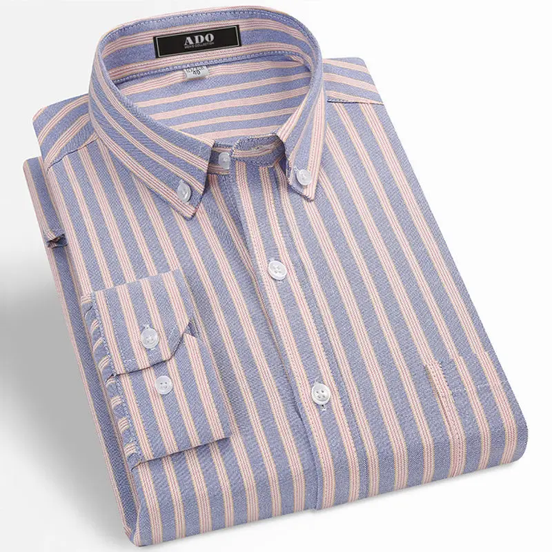Cotton Men's Oxford Shirts Long Sleeve Casual Printed Striped Shirts Blue White Solid Color Vintage Shirt Business Dress Shirts