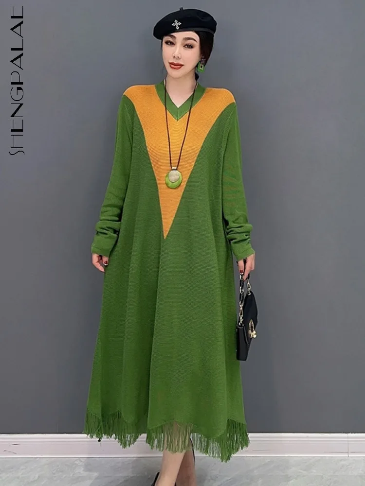 

SHENGPALAE Korean Fashion V-neck Knitted Dress For Women Loose Long Sleeve Elegant Chic Vestido Robe Y2k Clothes 2023 New 5R1153