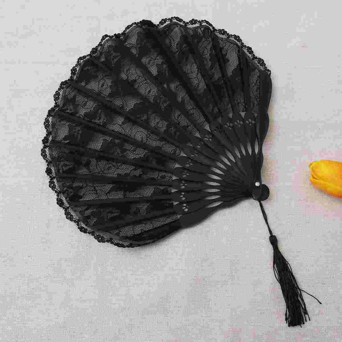 

Handheld Fans Chinese Traditional Bride Round Character Oriental Lace Black Open Wedding Vintage Retro Flower Folding