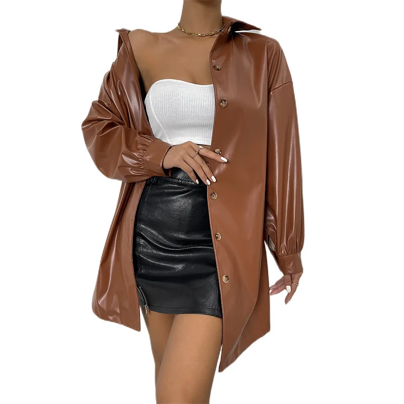Women's Jacket Leather Spring and Autumn Women's Leather Coat Solid Color Motorcycle Pu Coat Top Blouse Brown Color Top