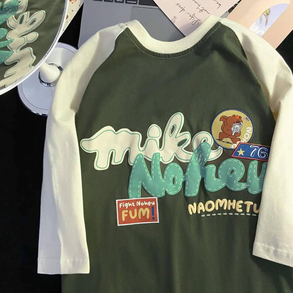 

Винтажные зеленые рубашки с рукавом реглан в стиле преппи хлопковые футболки забавная мультяшная уличная одежда в стиле хип-хоп повседневн...