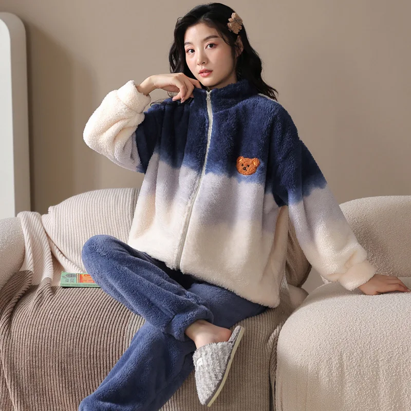 Yasuk Winter Fashion Men Women's Casual Soft Snowflake Velvet Sleepwear Homewear Couple Pajamas With Pants  Gradient Bear Thick