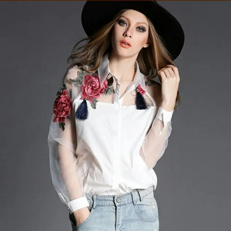 

Embroidered Flower Shirt New Summer Autumn Women Organza Splicing Long Sleeve Casual Shirt Blouses Elegant OL Women White Shirt