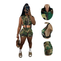 green camo print outfits side hollow out sleeveless vest crop top shorts with pocket cargo 2 piece set 2022 summer streetwear