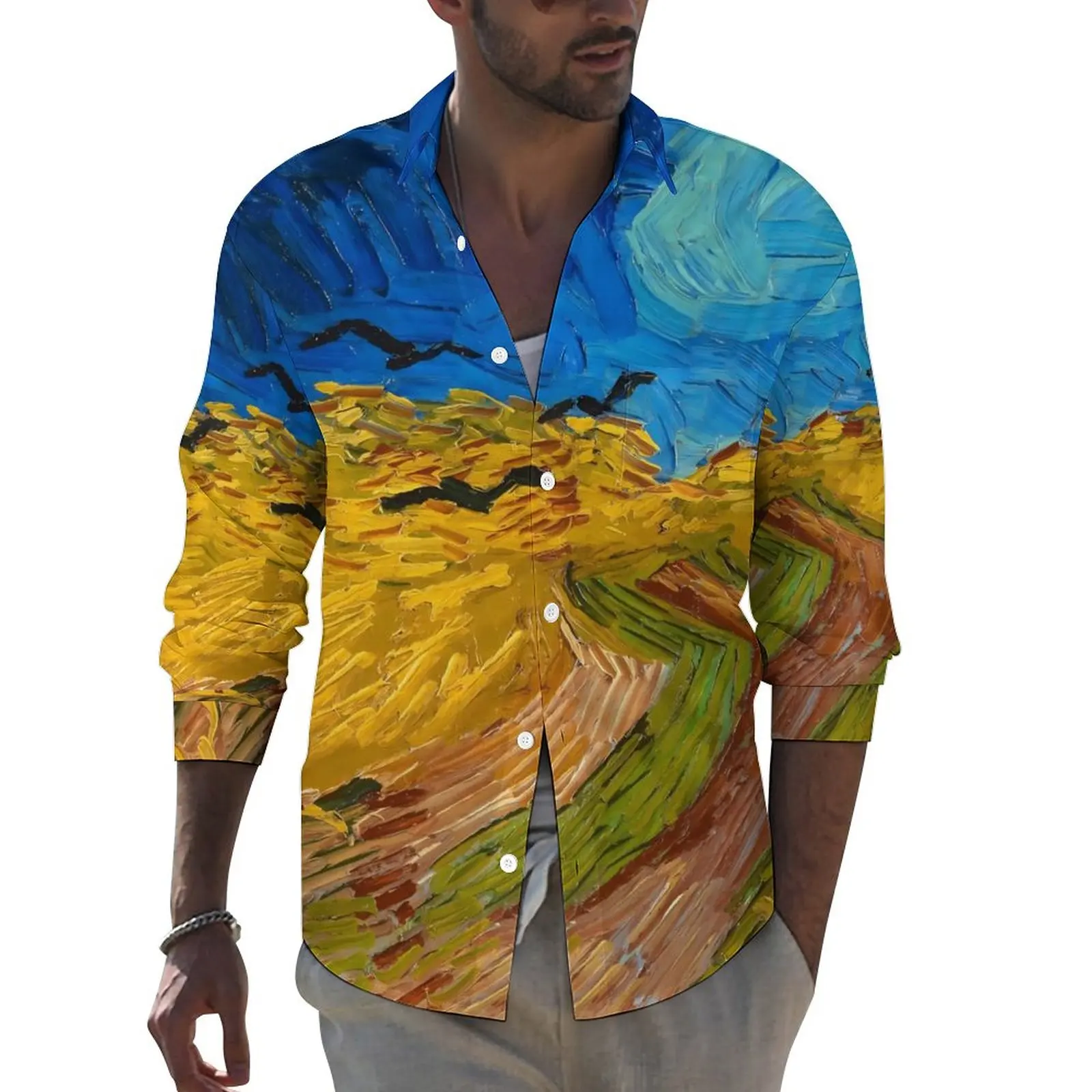

1890 by Vincent Van Gogh Shirt Autumn Wheatfield Casual Shirts Male Fashion Blouses Long Sleeve Custom Streetwear Tops Big Size