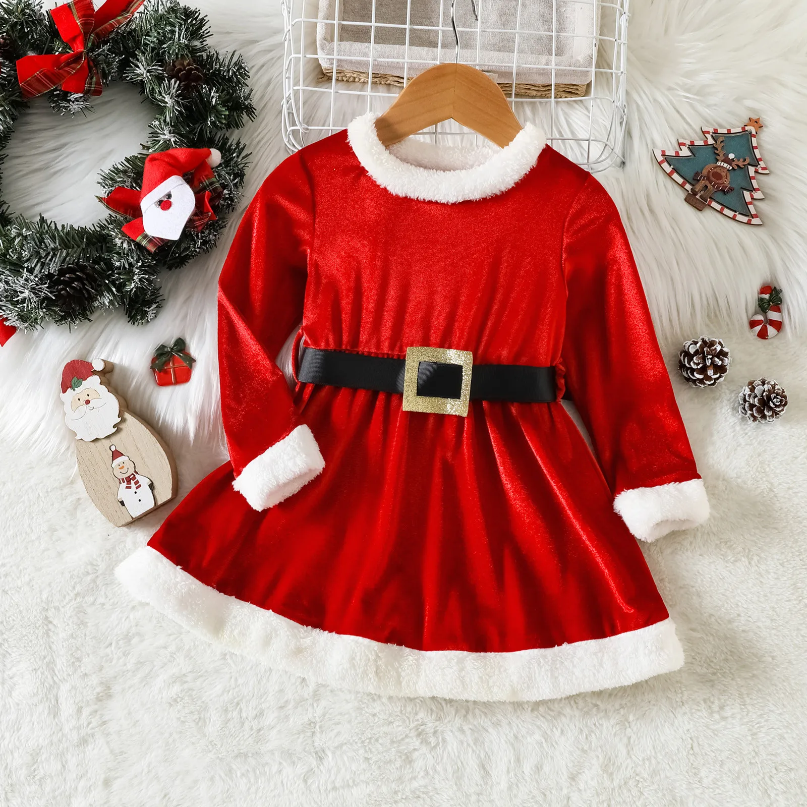 

1-6 Years Toddler Kids Girls Christmas Outfits Winter Long Sleeve Red Velvet Princess Dress with Belt Children Santa Xmas Gifts