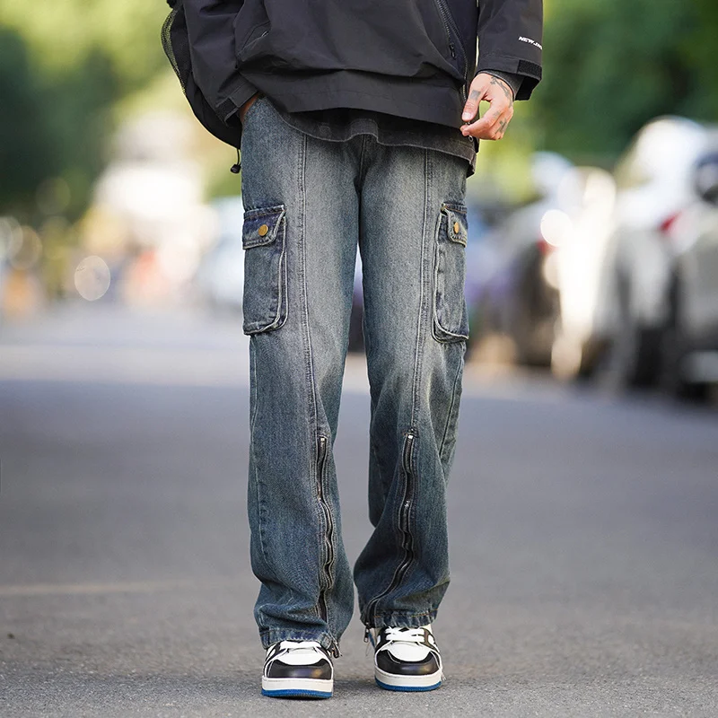 Blue Baggy Jeans Men Fashion Vintage Pocket Cargo Jeans MenJapanese Streetwear Hip-hop Loose Straight Denim Pants Mens Trousers