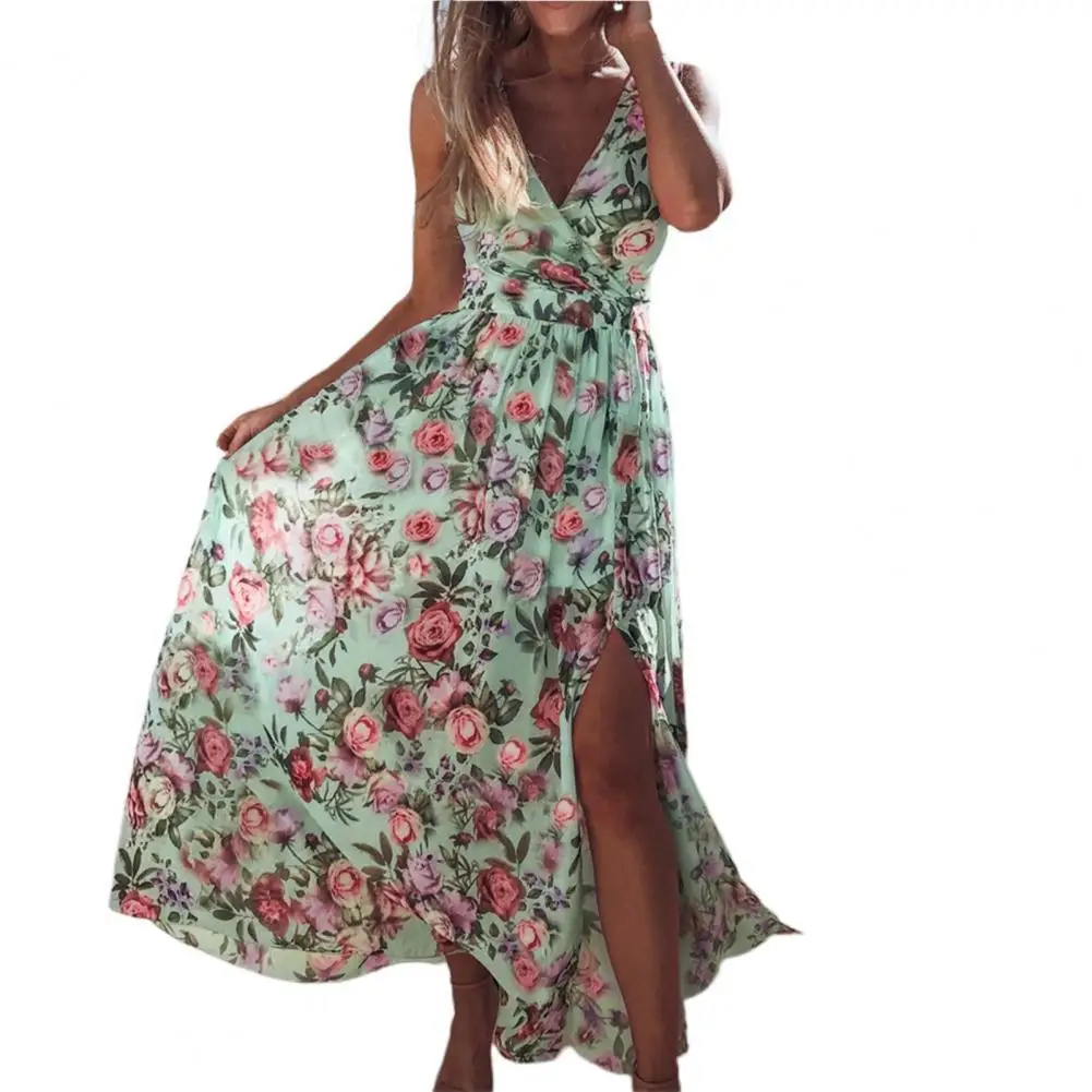 

Платье женское с глубоким V-образным вырезом, пикантное облегающее пляжное праздничное с разрезом, с цветочным принтом, без рукавов, уличная...