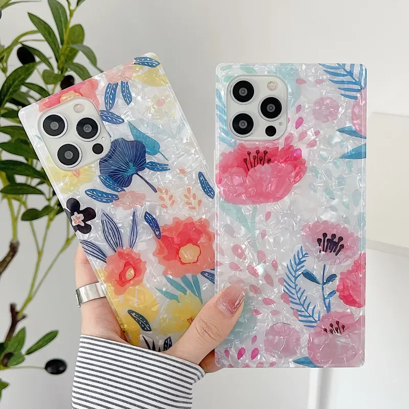 

Luxury Shell Square Flower Soft Phone Case For Iphone 12 11 Pro MAX X XR XS SE 2020 7 8 Plus Shockproof Back Cover Capa