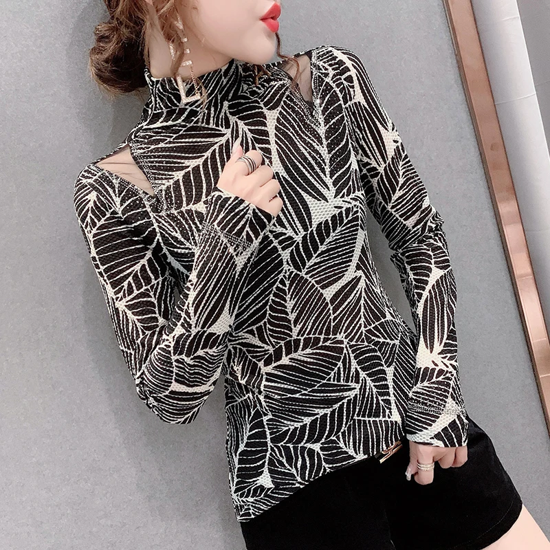 

Осенне-зимняя европейская одежда, футболка, шикарные сексуальные топы с сетчатым принтом и блестящими бриллиантами, новинка 1051