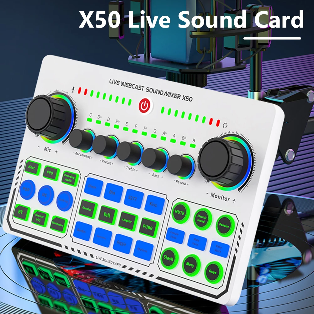 X50 Professional Live Sound Card 6 Modes Live Broadcast RGB External DJ Mixer Sound Card for Live Streaming Broadcasting Studio